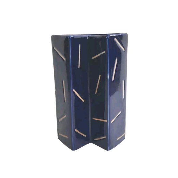 Vintage Stoneware Geometric Vase Retro MCM Rare HTF Cobalt Blue Glazed 6 5/8" - Picture 2 of 14
